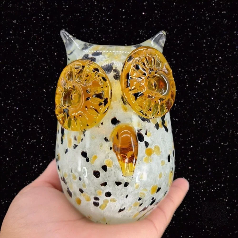 Hollow Owl Bird Art Glass Paperweight Figurine White With‎ Dots Amber Eyes Glass